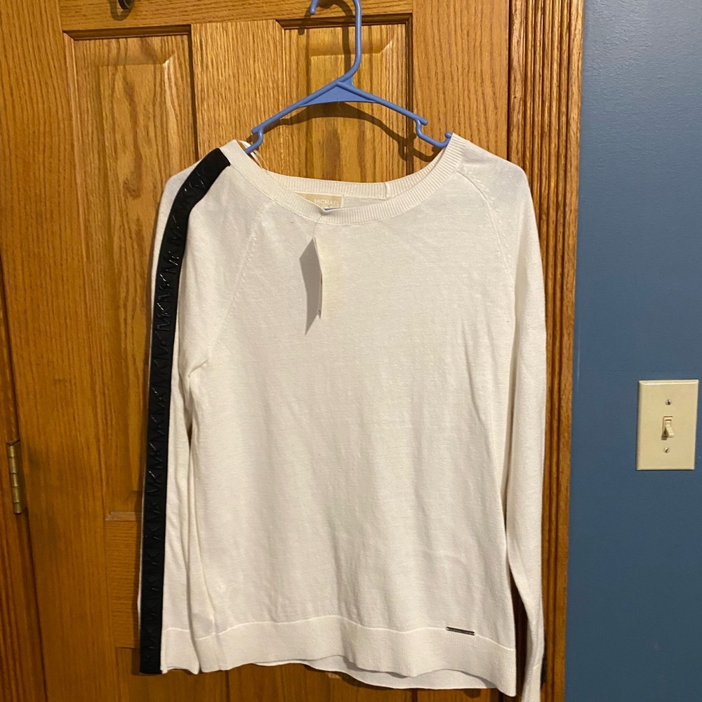 Michael Kors White Pull Over with Black Vinyl Sleeve Accents
